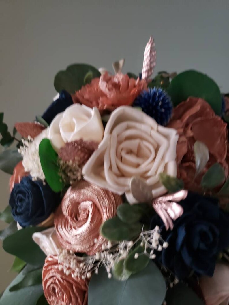 Rose gold and navy blue cascading bouquet wedding bouquet