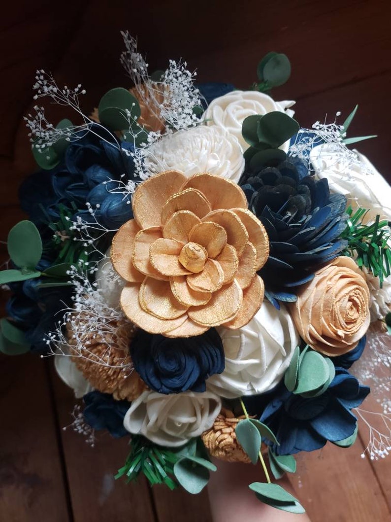 Navy blue and gold wedding bouquet sola wood flowers Etsy
