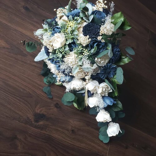 Steel Blue and Navy Wedding Bouquet Cascading Bouquet Sola - Etsy