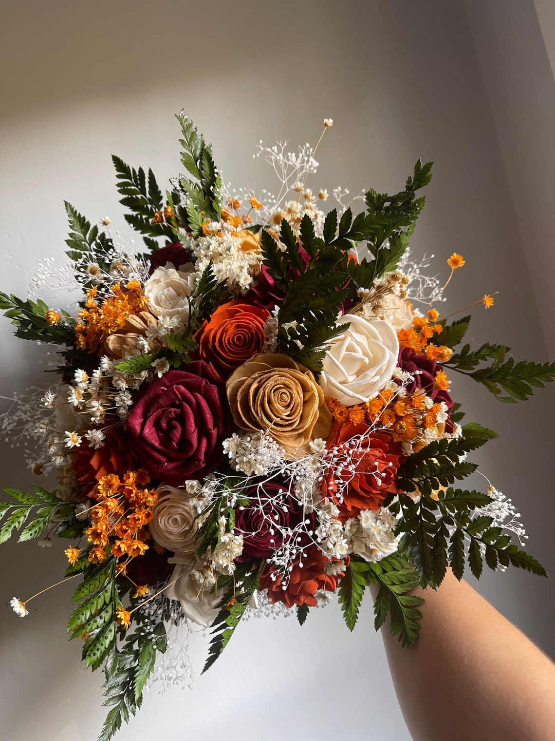 Burnt orange burgundy and gold bouquet sola wood flowers Small bridal 8"