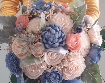 Dusty blue and peach wedding bouquet, sola wood flowers, ramp de novia