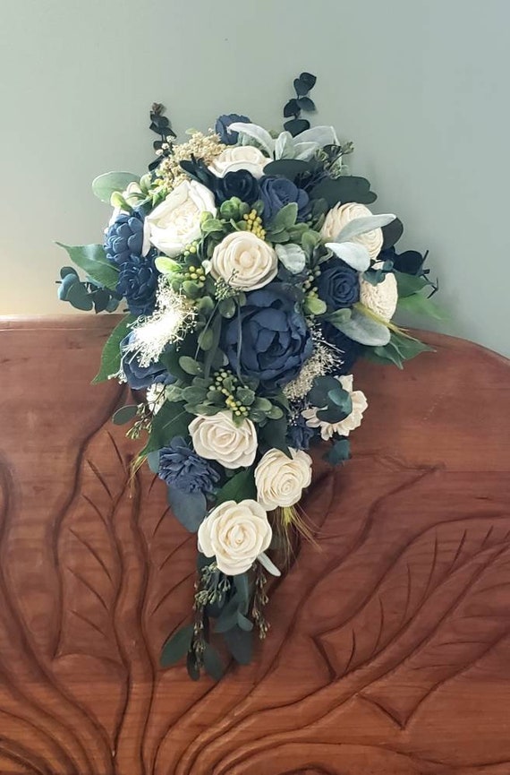 Steel Blue and Navy Wedding Bouquet Cascading Bouquet Sola - Etsy