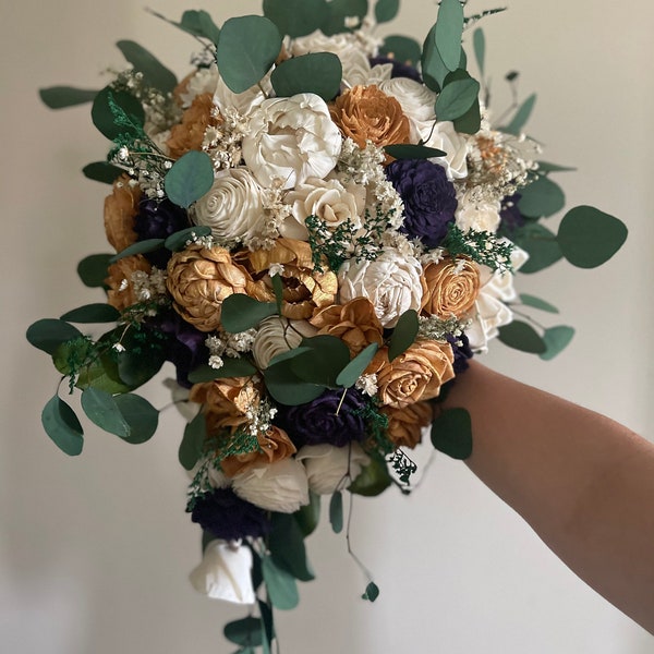 Plum and gold cascading bouquet, sola wood flowers