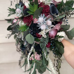 Moody cascade with burgundy black and dusty rose, sola wood flowers