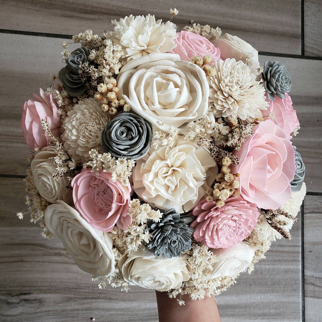 Blush and Grey Bridal Bouquet, Sola Wood Flowers, Rustic Wedding