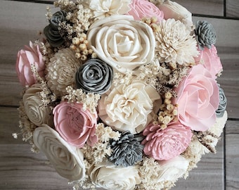 Blush and Grey Bridal Bouquet, Sola Wood Flowers, Rustic Wedding