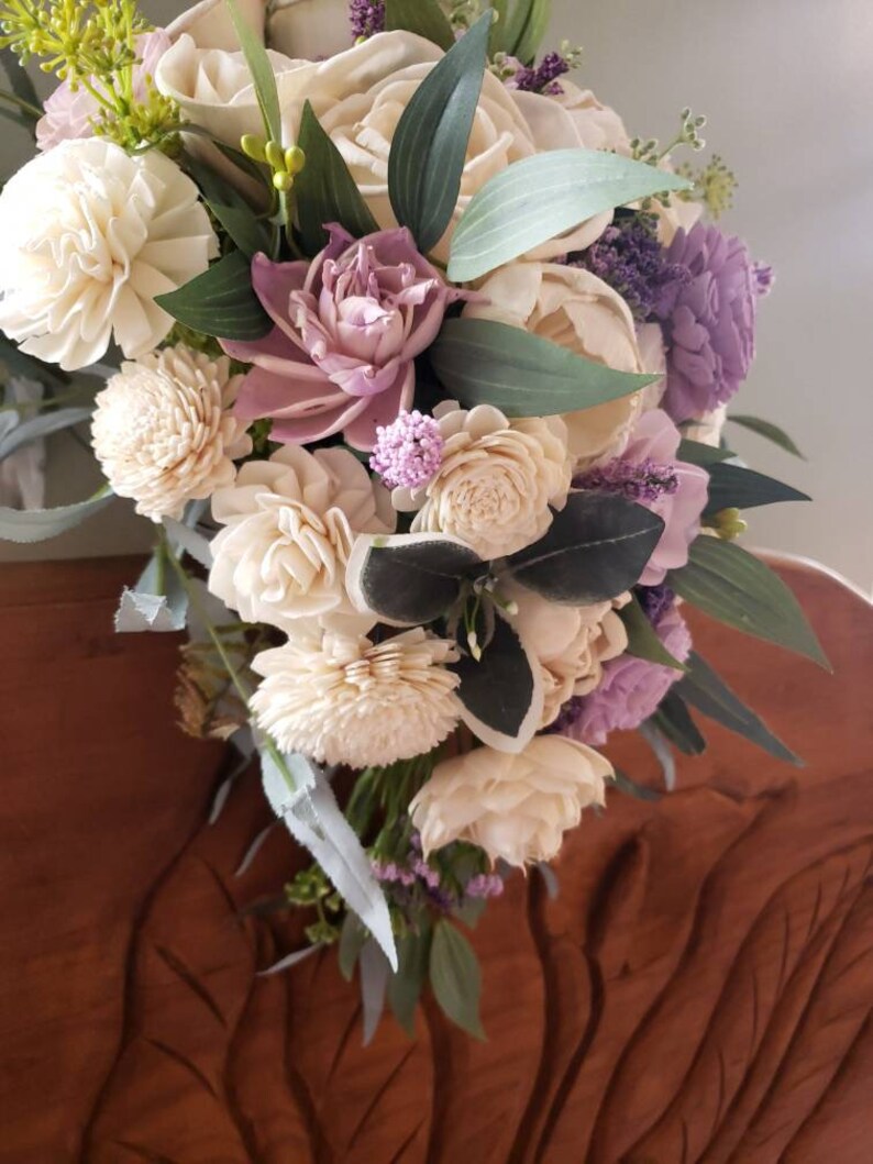 Sola Wood Flower Cascading Bouquet With Lavender Flowers Etsy