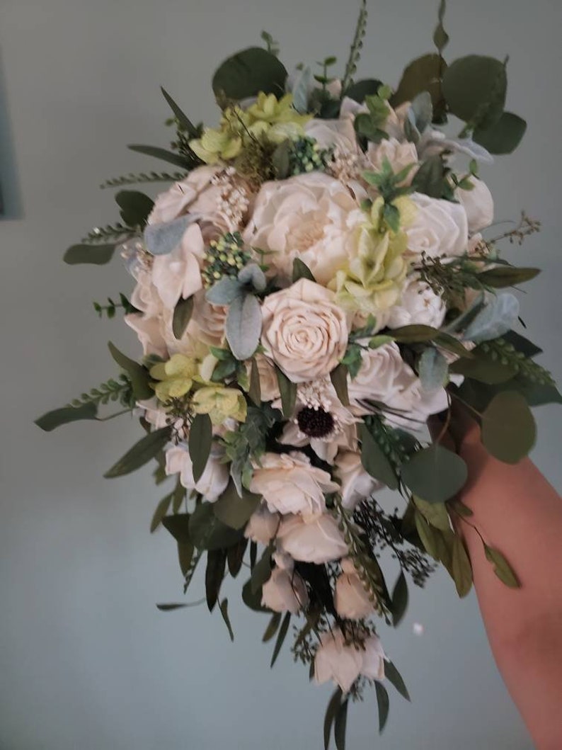 Ivory and Greens Sola Wood Flower Cascading Bouquet Wedding Etsy
