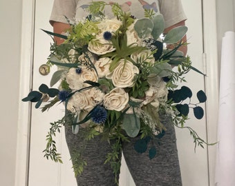 Ivory and succulents wedding bouquet, sola wood flowers