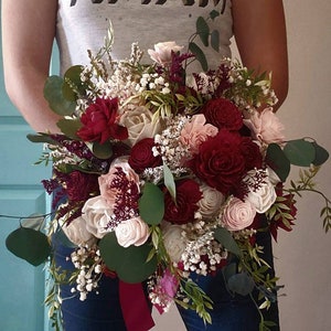 Boho burgundy and blush wedding bouquet, sola wood flowers