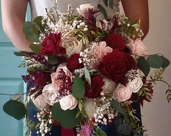 Boho burgundy and blush wedding bouquet, sola wood flowers