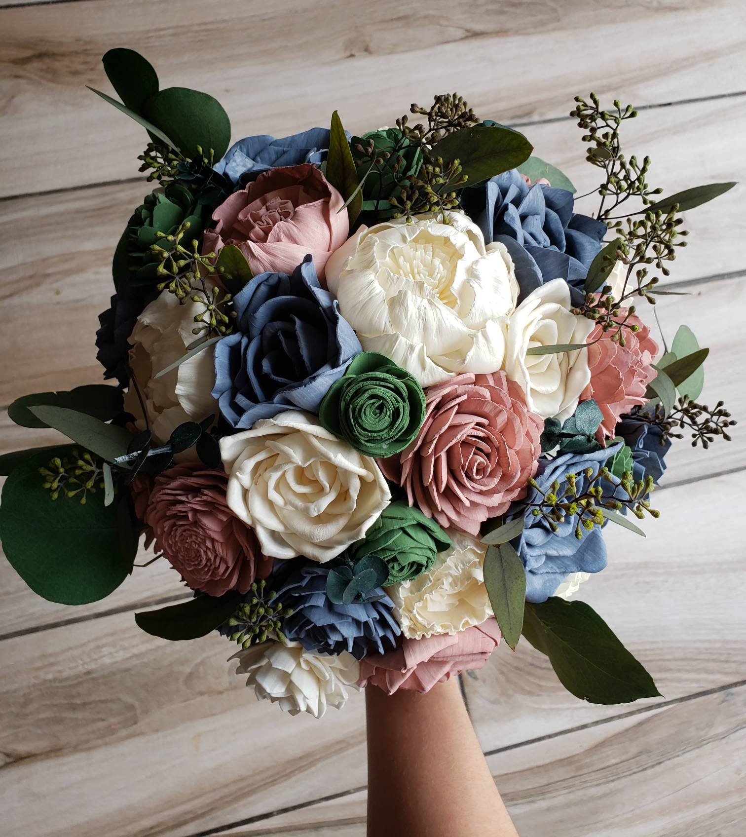 Navy & Dusty Blue Sola Wood 6" Toss Flower Girl Maid Bouquet Wedding Flowers 
