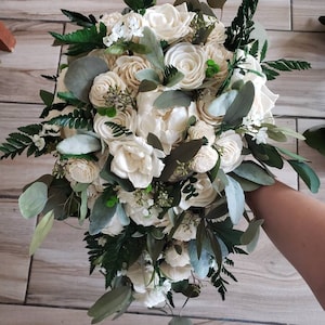 Ivory and greens wedding bouquet, sola wood flowers