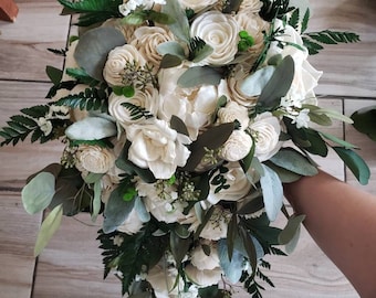 Ivory and greens wedding bouquet, sola wood flowers