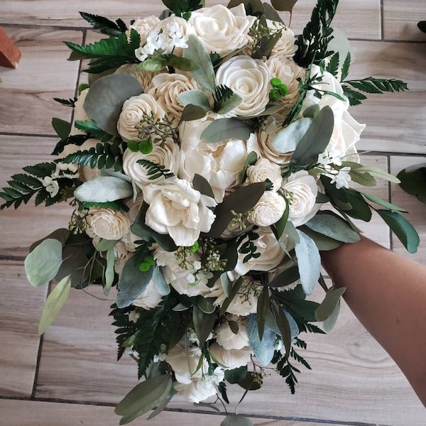 Ivory and greens wedding bouquet, sola wood flowers