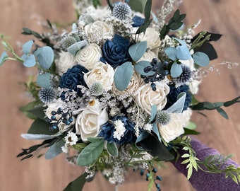 Steel blue wedding bouquet, sola wood flowers