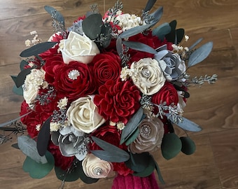 Red and silver wedding bouquet, keepsake bouquet