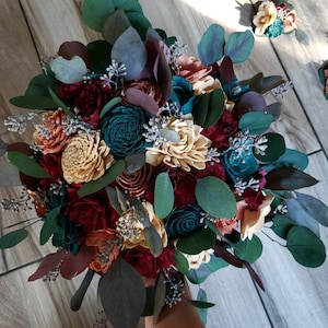 Teal burgundy rose gold and champagne bouquet | sola wood flower bouquet | wedding flowers