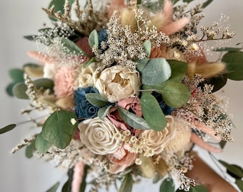 Dusty blue and blush wedding bouquet, sola wood flowers