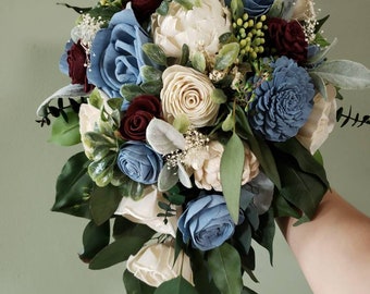 Dusty blue and wine cascading bouquet, bridal bouquet, sola wood flowers