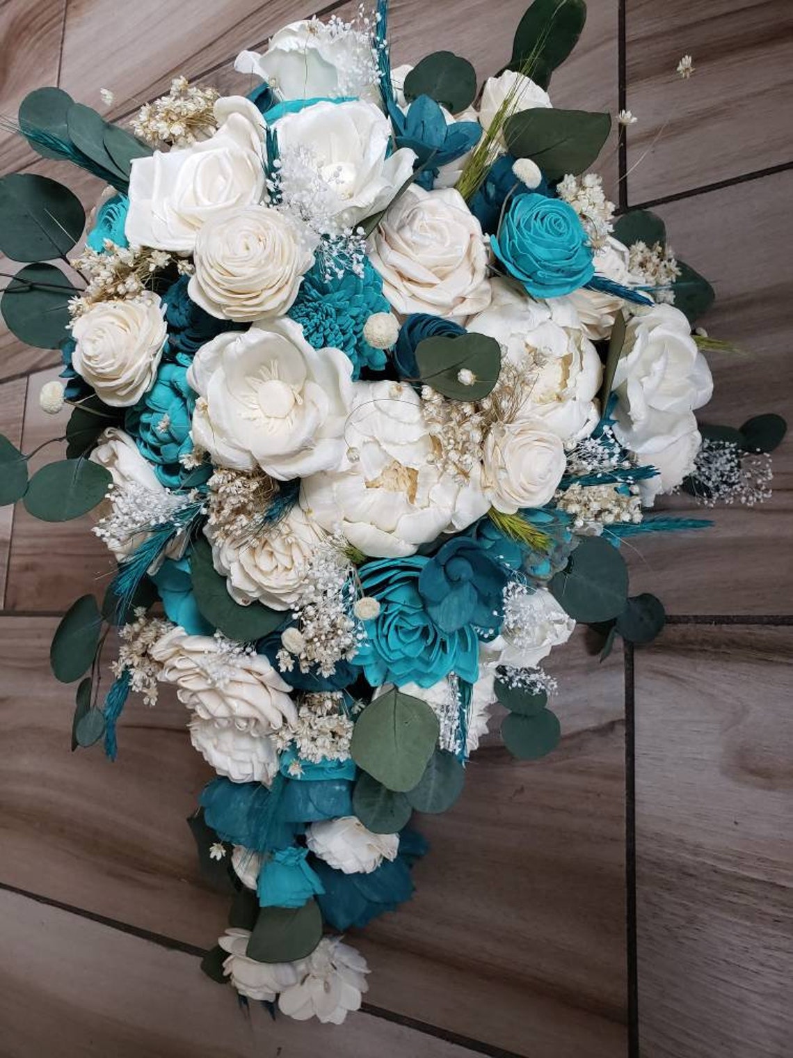 Teal and turquoise cascading bouquet sola wood flowers | Etsy