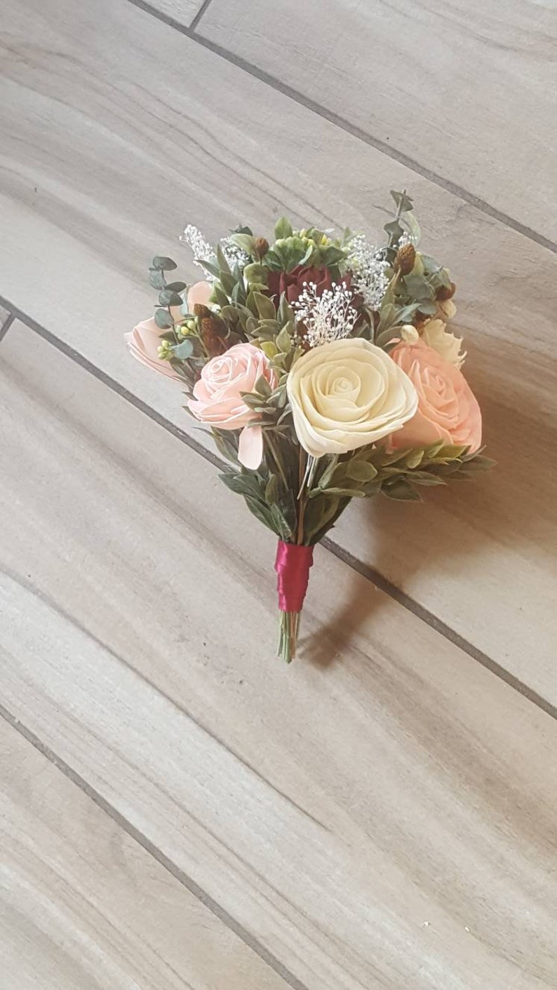 rustic wedding sola wood flower Blush and burgundy bridal bouquet
