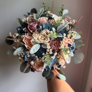 Dusty rose, blush, steel blue and dusty blue sola wood flower bouquet