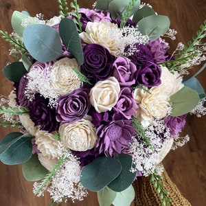 Wisteria and plum sola bridal bouquet | sola wood flowers | purple wedding flowers