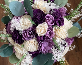 Wisteria and plum sola bridal bouquet | sola wood flowers | purple wedding flowers