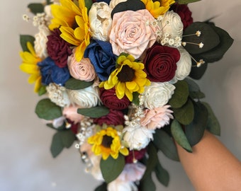 Sunflowers with navy blush and burgundy flower cascading bouquet, sola wood flowers