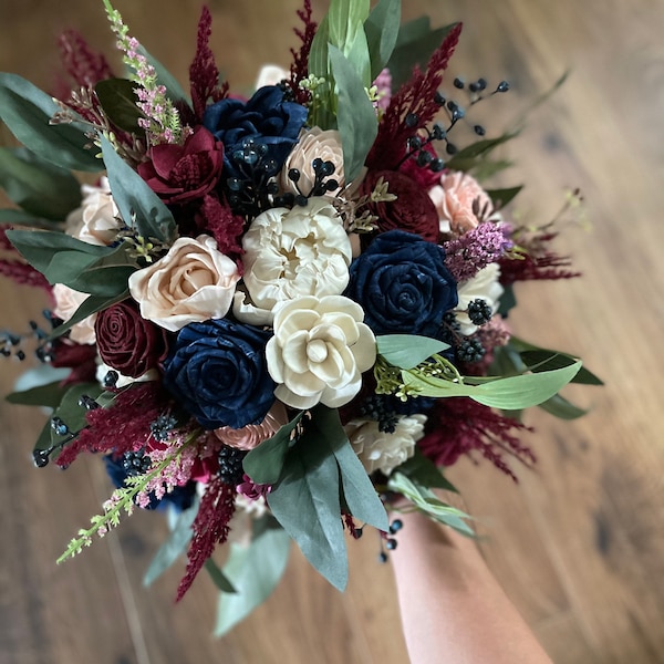 Burgundy blush and navy sola wood flower bouquet | boho style bouquet |  wildflower bouquet