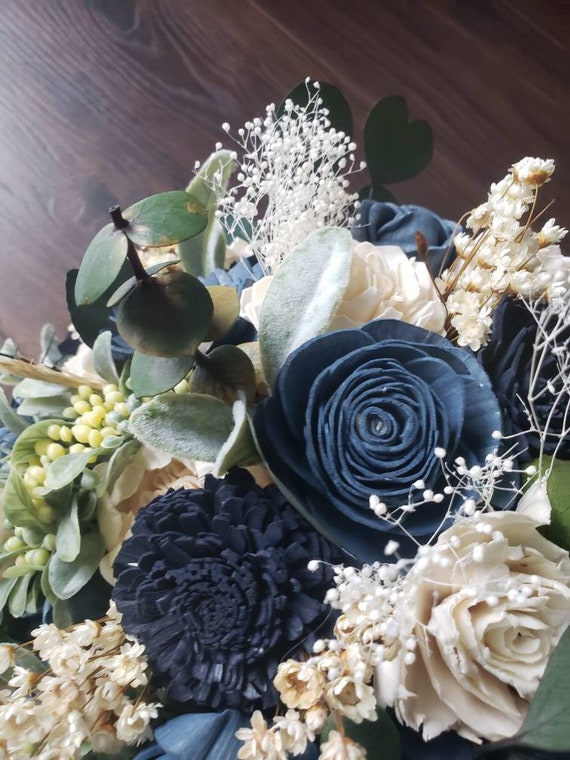 Steel Blue and Navy Wedding Bouquet Cascading Bouquet Sola - Etsy