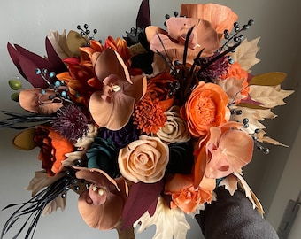 Fall terracotta boho bridal bouquet, black plum and orange wedding flowers