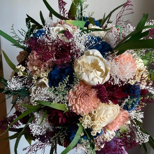 Burgundy blush and navy wedding bouquet | sola wood flowers