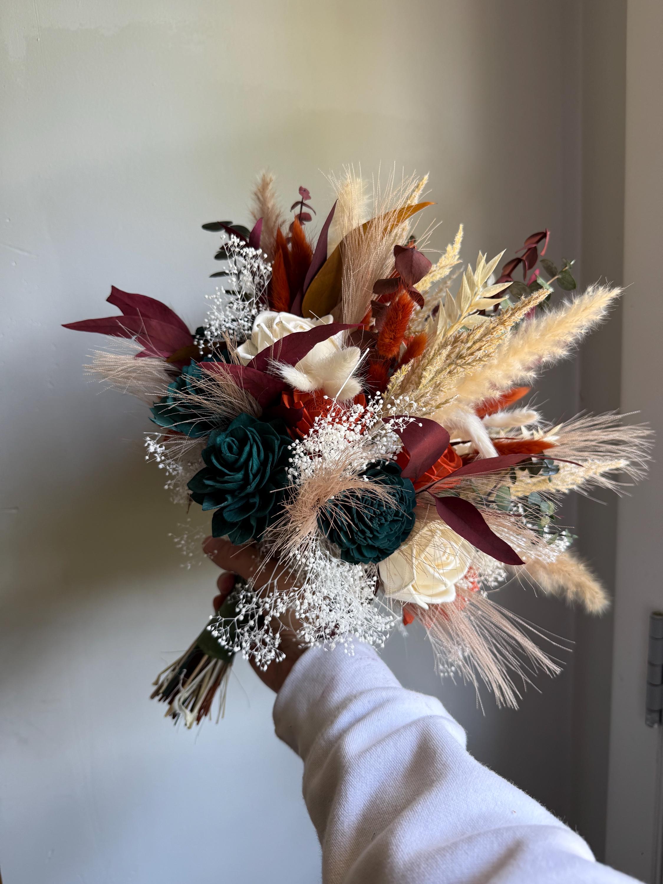 Teal and Burnt Orange Wedding Bouquet, Boho Chic Pampas Wedding