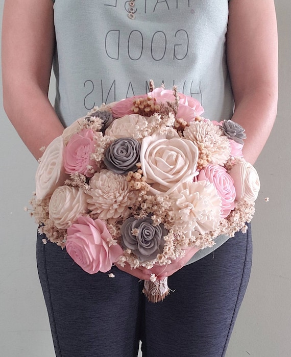 Blush and Grey Bridal Bouquet, Sola Wood Flowers, Rustic Wedding