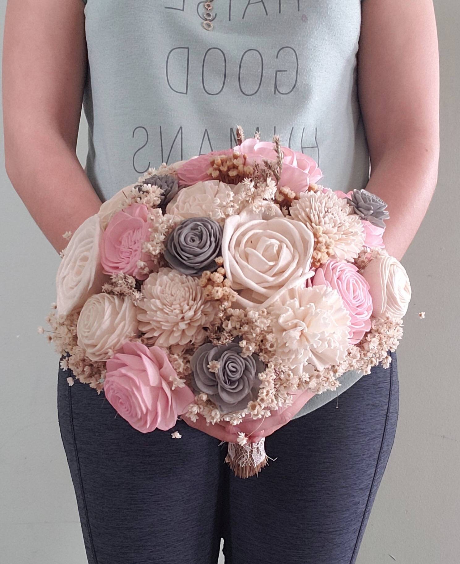 Blush and Grey Bridal Bouquet, Sola Wood Flowers, Rustic Wedding