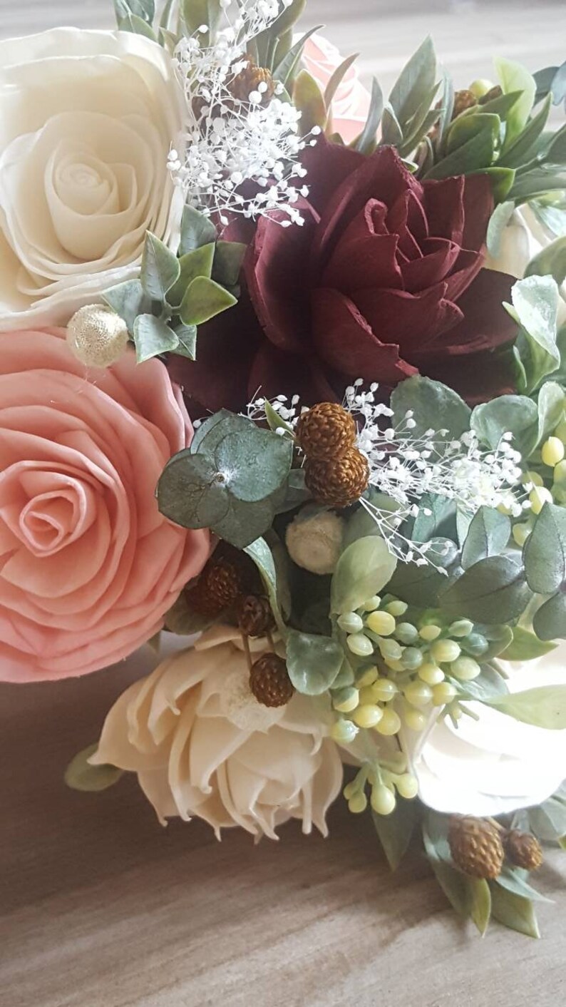 rustic wedding sola wood flower Blush and burgundy bridal bouquet