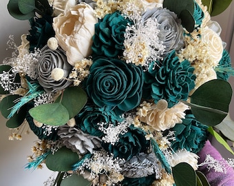 Teal and silver cascading bouquet, sola wood flowers