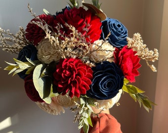 Deep red and navy centerpiece box, sola wood flowers