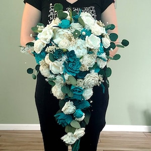 Teal and turquoise cascading bouquet, sola wood flowers