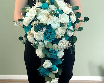 Teal and turquoise cascading bouquet, sola wood flowers