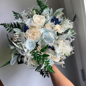 Dusty blue wedding bouquet, sola wood flowers