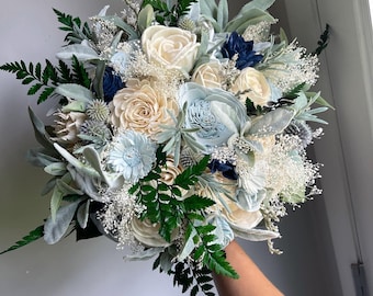 Dusty blue wedding bouquet, sola wood flowers