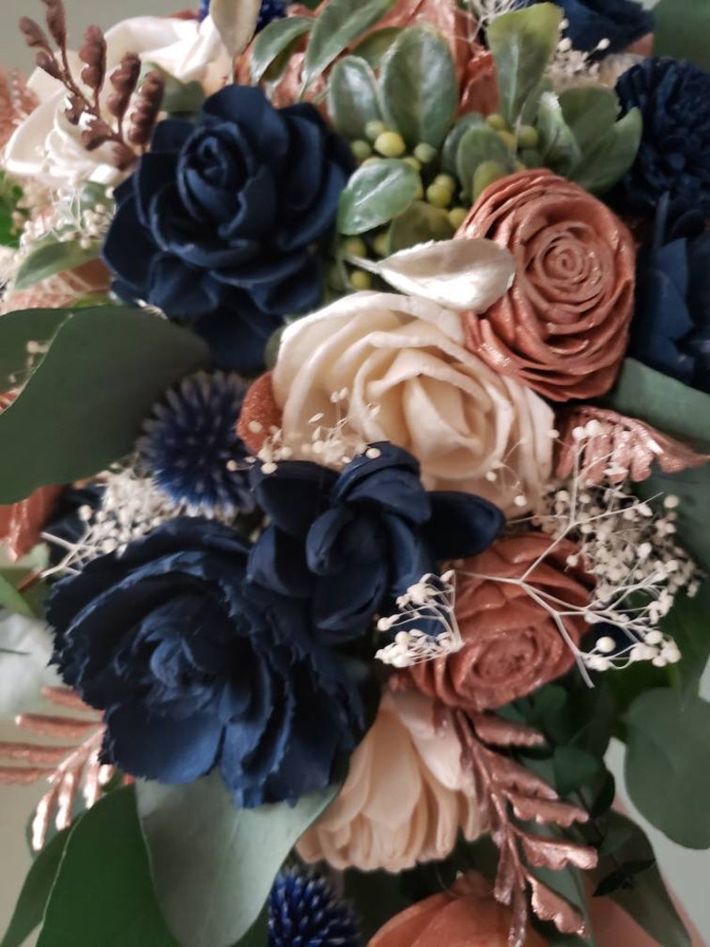 Rose gold and navy blue cascading bouquet wedding bouquet