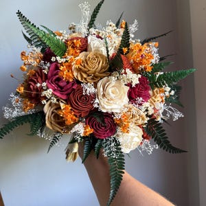 Burgundy burnt orange and gold bridal bouquet | sola wood flowers | keepsake bouquet