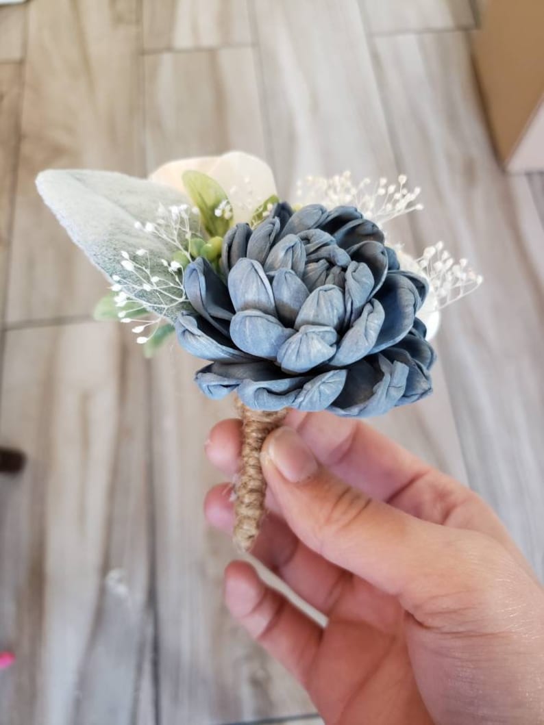 Steel blue and white boutonniere groom boutonniere sola wood flowers