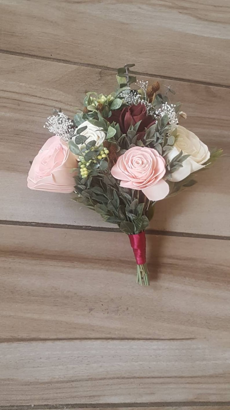 rustic wedding sola wood flower Blush and burgundy bridal bouquet