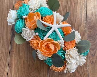 Coral and turquoise flower arrangement, sola wood flowers