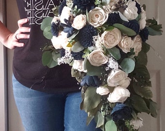 Extra large cascading bouquet, navy blue and off white bouquet, sola wood flowers, wedding bouquet